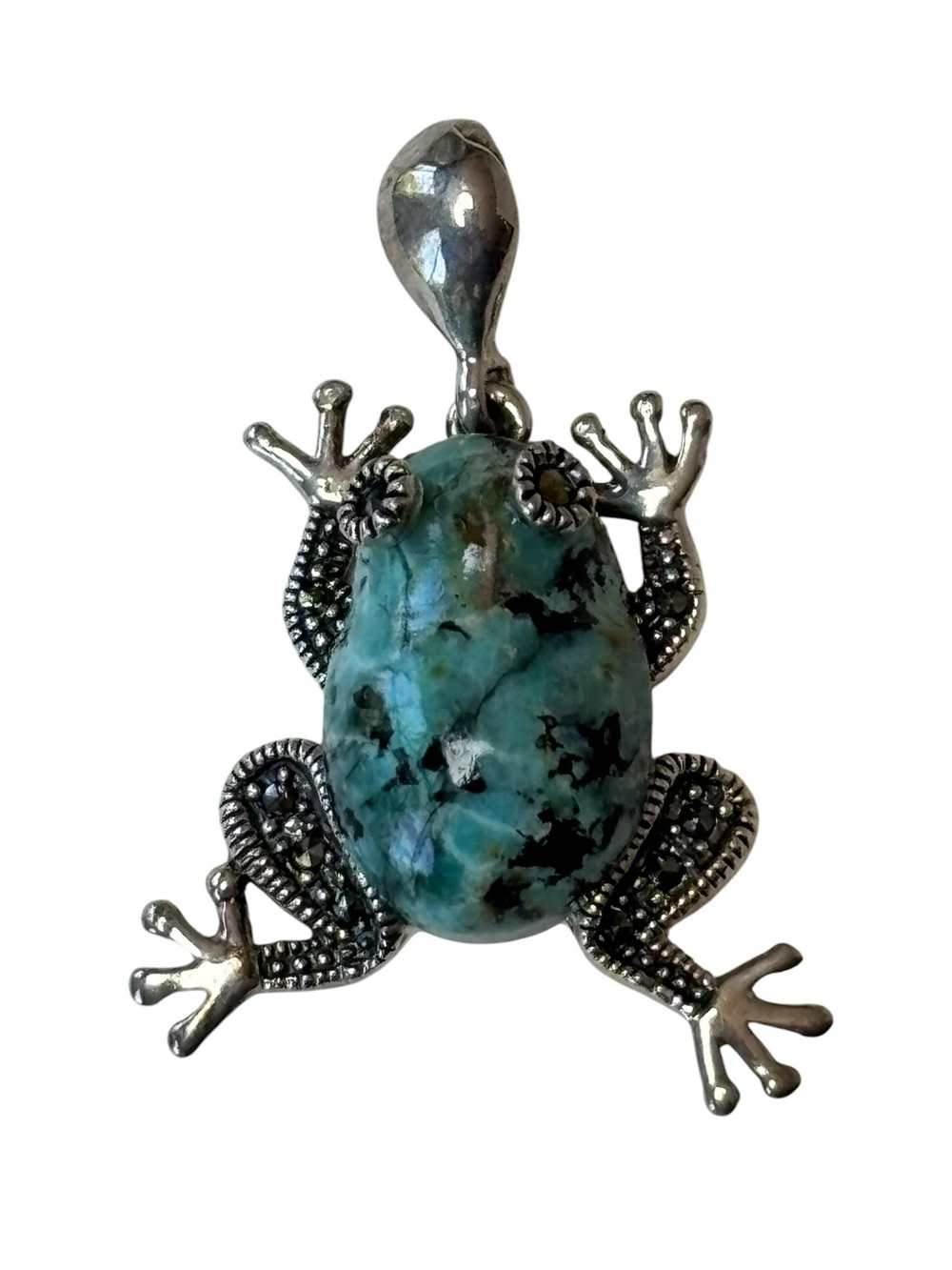 925 Sterling Silver Frog Pendant Natural Turquoise Matrix Stone Marcasite
